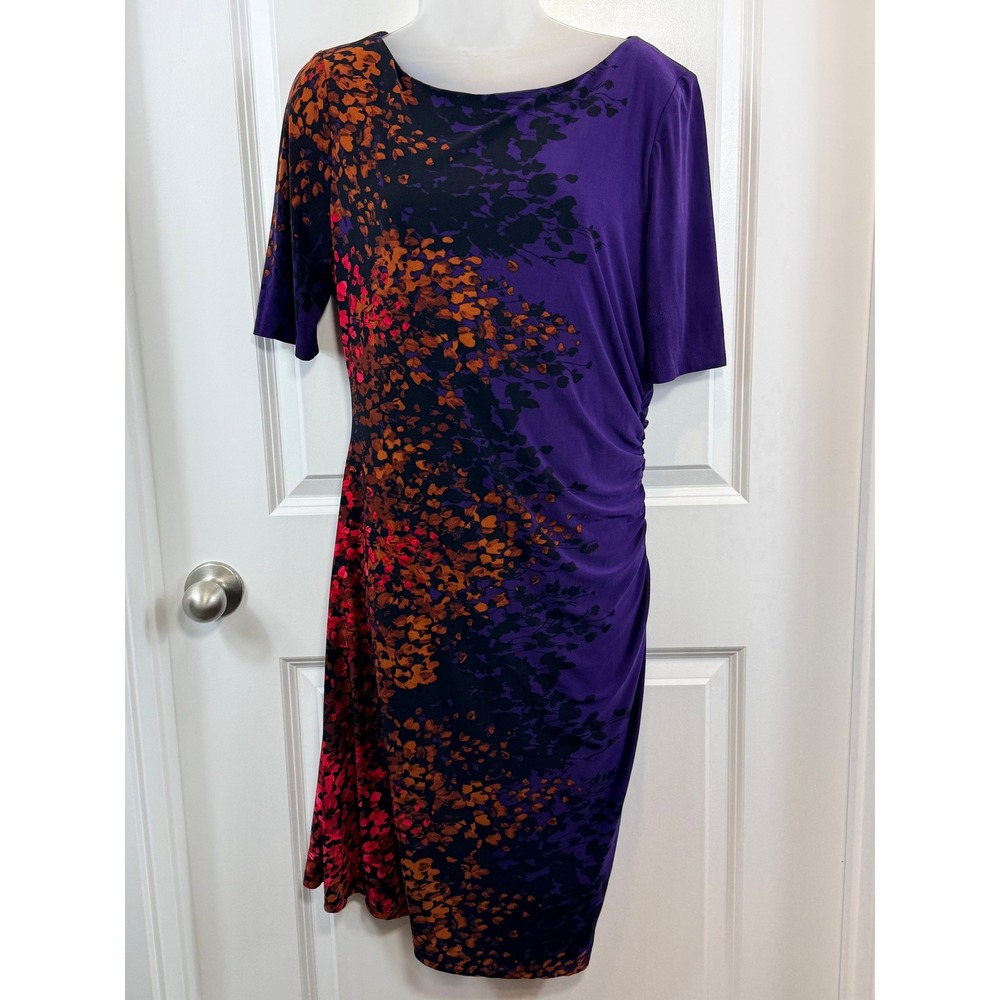 Purple Floral-Print Midi Dress with Orange and Red Accents — Women